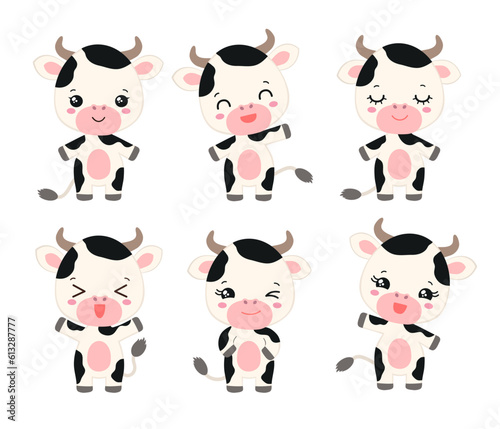 Cute cow emoji icon set for messenger or game. Cartoon calf vector. Kawaii cow farm animal icons. Adorable emoticons smiling children fun character. Happy facial expressions. Anime comic little cow.