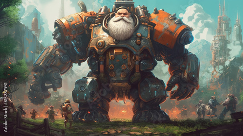 A group of gnomes piloting a steam-powered mech suit in a futuristic arena . Fantasy concept , Illustration painting. Generative Ai