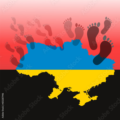 Map of Ukraine and prints of bare feet of a person. The concept of flight, migration, evacuation from Ukraine