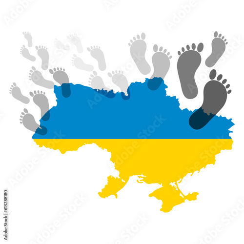 Map of Ukraine and prints of bare feet of a person. The concept of flight, migration, evacuation from Ukraine