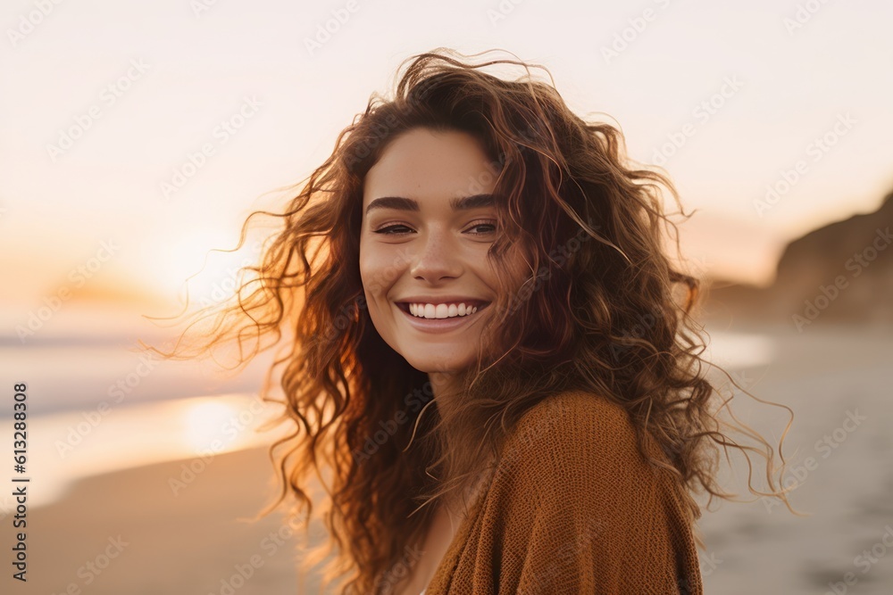 Junge hübsche Frau am Strand bei Sonnenuntergang mit betontem Gesichtsausdruck, Lächeln, Herzlichkeit und Wärme, Generative AI