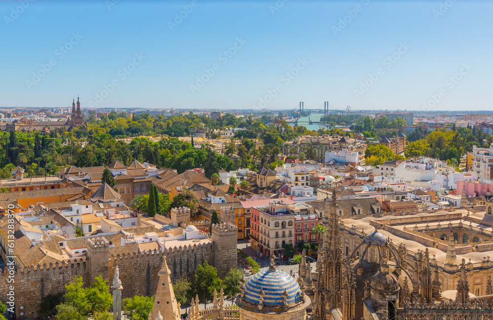 Obraz premium Seville's Aerial Tapestry: Cathedral Rooftop, Royal Alcazars, and the Majestic María Luisa Park