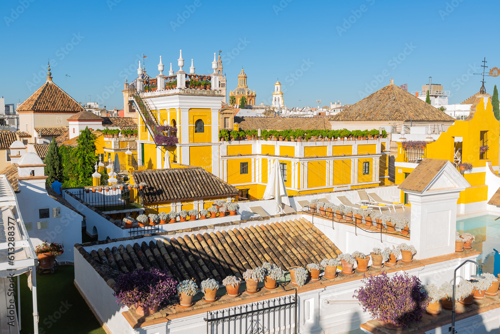 Naklejka premium Aerial view of the Santa Cruz neighborhood in Seville, Spain, in a Beautiful sunny day. From a vantage point high above, the photograph captures the mesmerizing view of the rooftops in the enchanting 