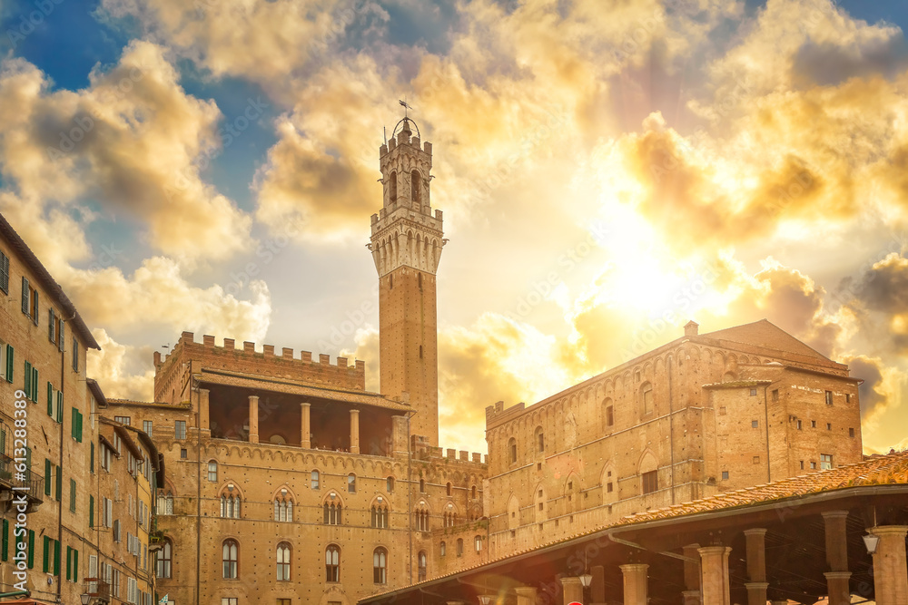 Mangia Tower in Siena at sunny day, Italy