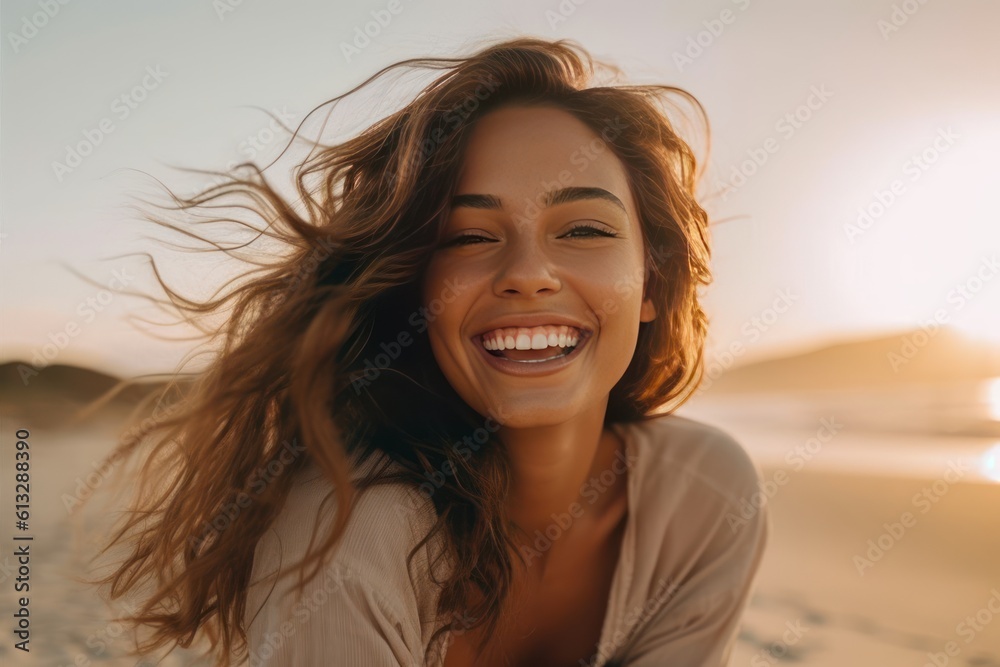 Junge hübsche Frau am Strand bei Sonnenuntergang mit betontem Gesichtsausdruck, Lächeln, Herzlichkeit und Wärme, Generative AI Junge hübsche Frau am Strand bei Sonnenuntergang mit betontem Gesichtsausdruck, Lächeln, Herzlichkeit und Wärme, Generative AI