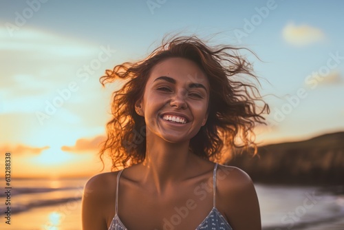 Junge hübsche Frau am Strand bei Sonnenuntergang mit betontem Gesichtsausdruck, Lächeln, Herzlichkeit und Wärme, Generative AI