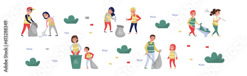 People with Kids Volunteers Cleaning Picking Garbage and Plastic Bottles Vector Set