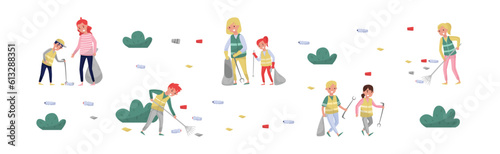 People with Kids Volunteers Cleaning Picking Garbage and Plastic Bottles Vector Set
