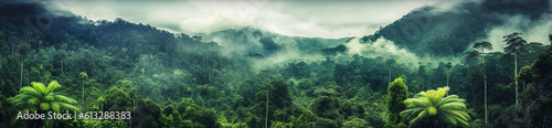 Foggy landscape in the jungle. Fog and cloud mountain tropic valley landscape. aerial view, wide misty panorama 