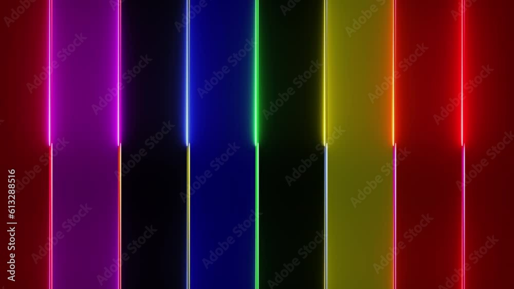 Neon glowing rainbow colour vertical lines animation abstract background. Seamless loop