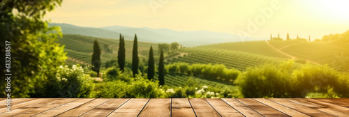 Empty wood table top with on blurred vineyard landscape background, for display or montage your products. Agriculture winery and wine tasting concept. digital ai art	