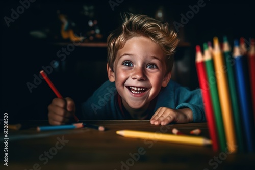 Kreatives Strahlen: Junge mit bunten Buntstiften am Tisch in energetischem Lachen