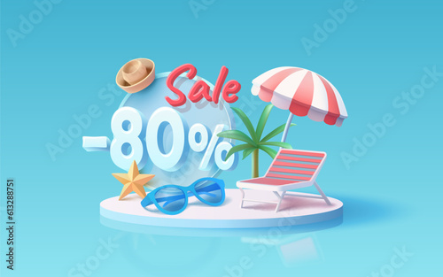 Summer time banner sale 80 Percentage, beach umbrella with lounger for relaxation, sunglasses, seaside vacation scene. Vector illustration