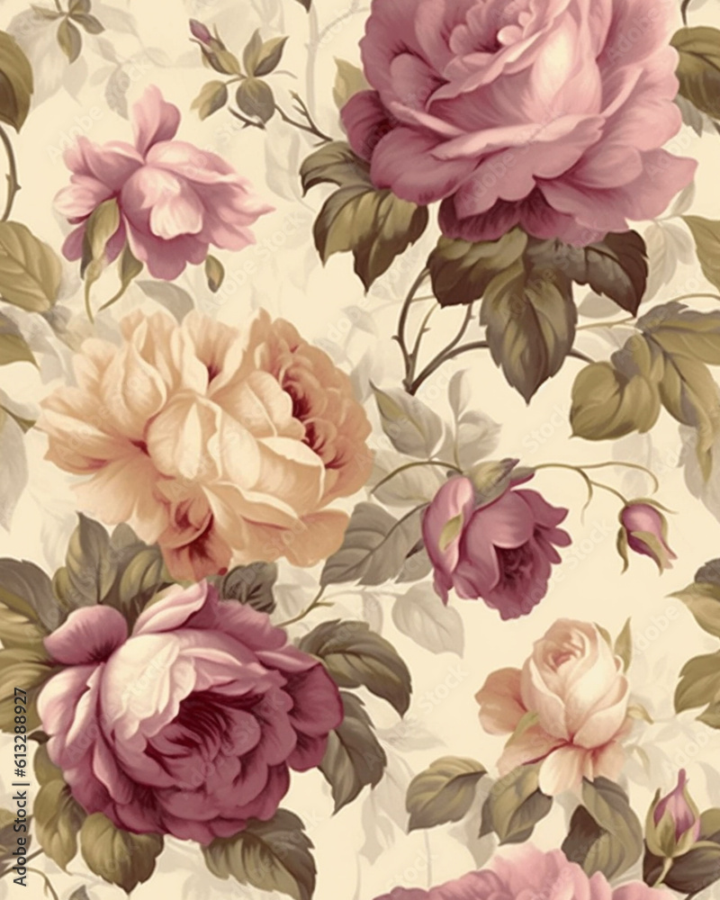 Hand drawing wallpaper tileable pattern of roses created with Generative AI technology Hand drawing wallpaper tileable pattern of roses created with Generative AI technology