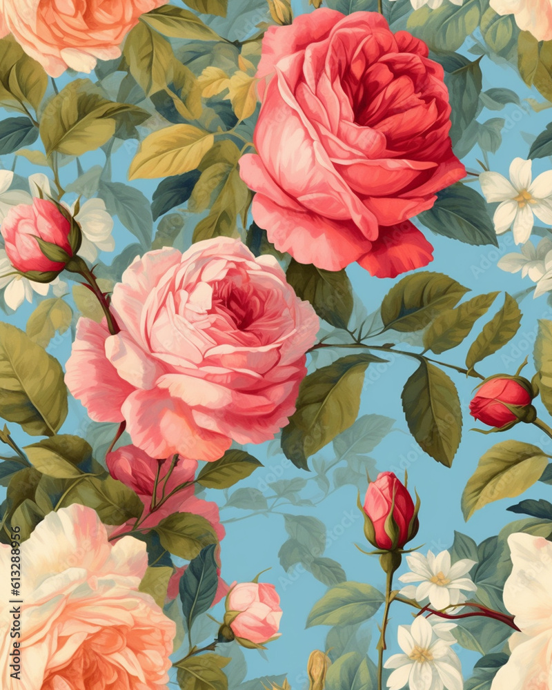 Hand drawing wallpaper tileable pattern of roses created with Generative AI technology Hand drawing wallpaper tileable pattern of roses created with Generative AI technology