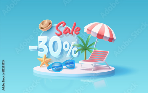 Summer time banner sale 30 Percentage, beach umbrella with lounger for relaxation, sunglasses, seaside vacation scene. Vector illustration