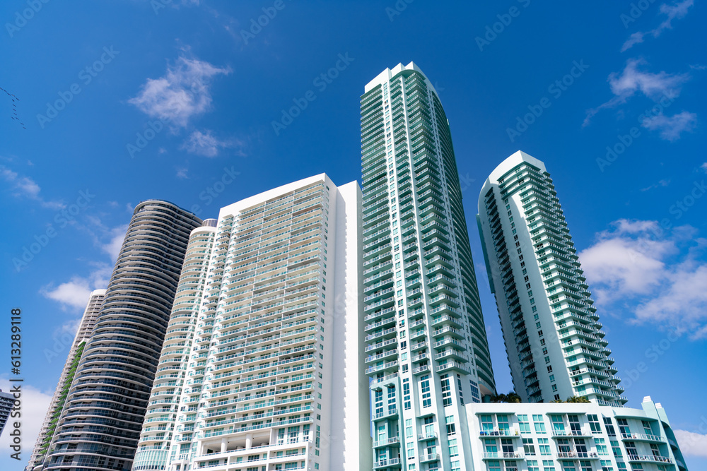 horizontal photo of skyscraper architecture building. high skyscraper building on blue sky.