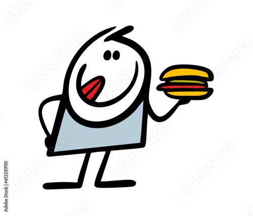 Satisfied hungry stickman with good appetite holds large sandwich with meat and sausage in hand. Vector illustration of unhealthy food.