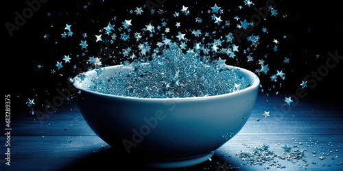 blue bowl with star confetti. Generative AI image.