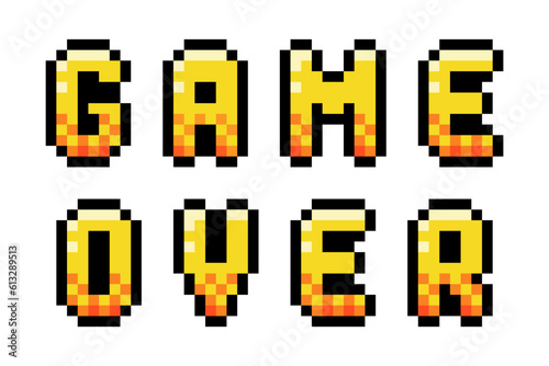 Pixel 8 Bit Game Over Inscription and Words of Uppercase Letter Vector Illustration