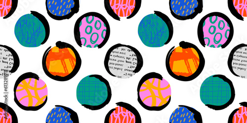 Colorful circle polka dot seamless pattern with collage art texture. Modern contemporary art background, round geometric shape hand drawn print, maximalist graffiti paint wallpaper.