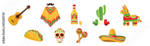 Mexican Objects and Symbols with Guitar, Poncho, Tequila, Cactus, Llama, Skull, Maraca and Sombrero Hat Vector Set