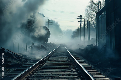 steam smoke coming out towards the train tracks