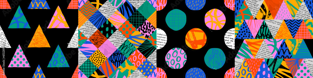 Colorful seamless pattern set with collage art texture. Modern contemporary art background collection, geometric shape hand drawn print, maximalist graffiti paint patchwork wallpaper.