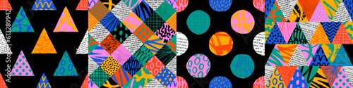 Colorful seamless pattern set with collage art texture. Modern contemporary art background collection, geometric shape hand drawn print, maximalist graffiti paint patchwork wallpaper.
