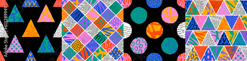 Colorful seamless pattern set with collage art texture. Modern contemporary art background collection, geometric shape hand drawn print, maximalist graffiti paint patchwork wallpaper.