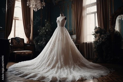 Beautiful wedding dress of the bride in a luxurious interior, AI Generated