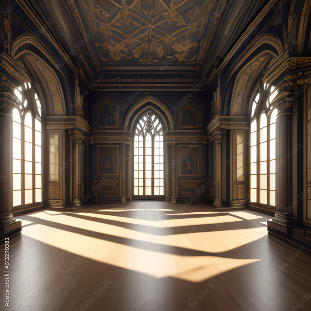 a large room with a lot of windows in it, a flemish Baroque, gothic art, flickering light, vray tracing, gothic, AI generative