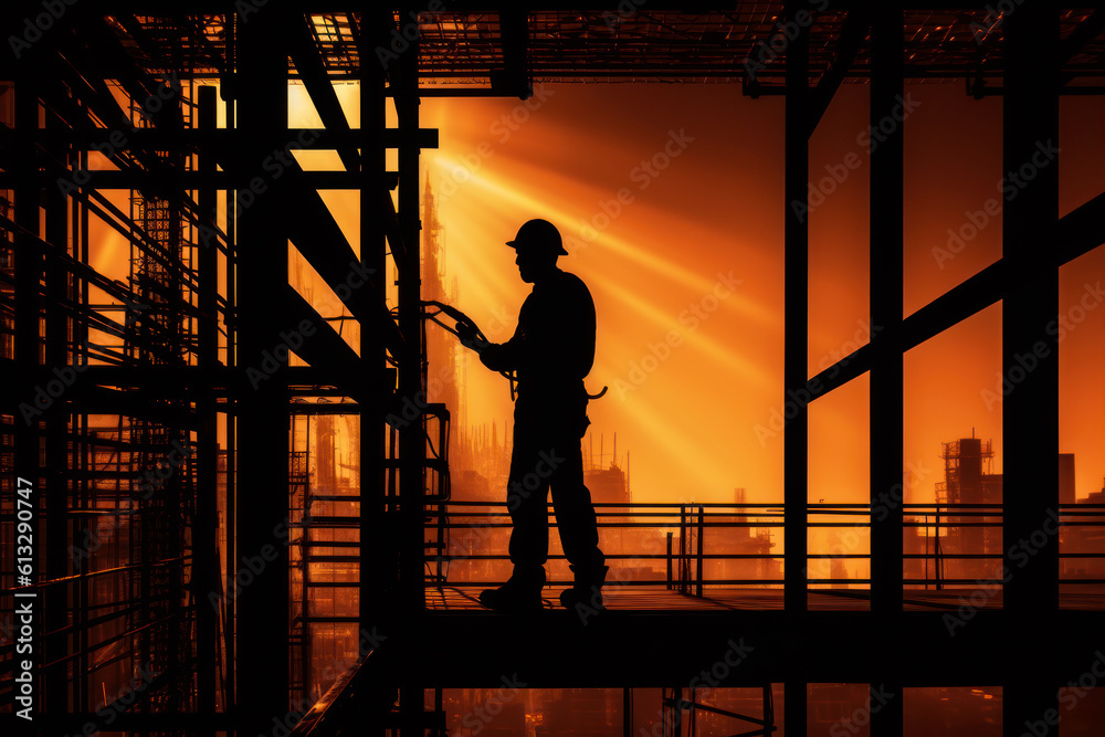 Worker builder standing at construction site, only silhouette visible against orange sunset sky. Generative AI Worker builder standing at construction site, only silhouette visible against orange sunset sky. Generative AI