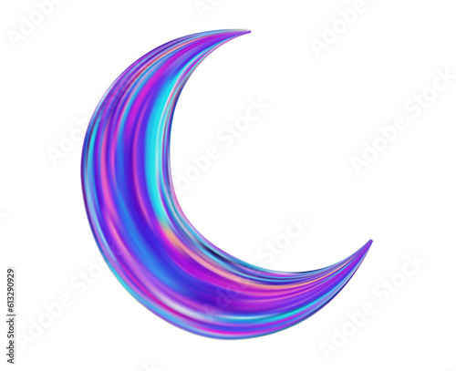 3d holographic crescent moon symbol. Neon metallic moon for muslim holiday on isolated background. Vector illustration.