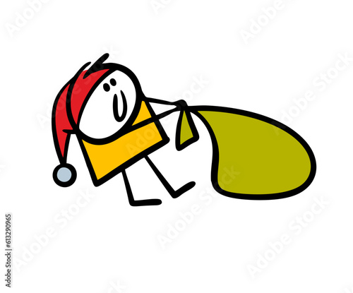 Funny little elf, Santa Claus assistant drags a huge bag of gifts for the Christmas holiday. Vector illustration of a fabulous boy.