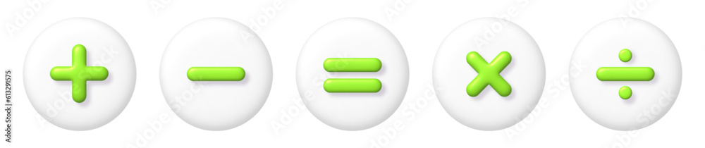 Math 3D icons set. Green arithmetic plus, minus, equals, multiply and divide signs on white buttons. vector illustration. Math 3D icons set. Green arithmetic plus, minus, equals, multiply and divide signs on white buttons. vector illustration.