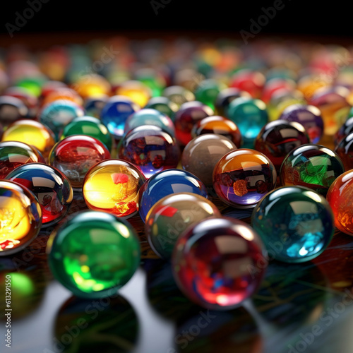 Fondo con detalle y textura de multitud de canicas de cristal con diferentes colores, reflejos y contraste de sombras