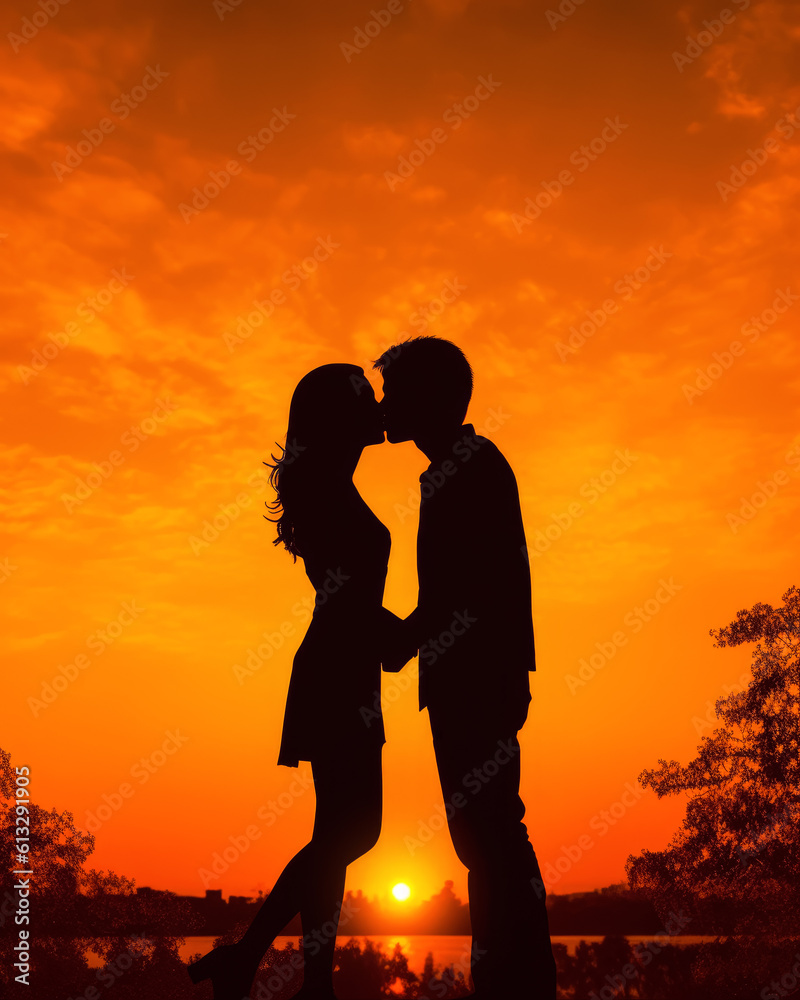 Young couple, man and woman kissing - only their silhouettes visible against orange sunset sky. Romantic moment. Generative AI