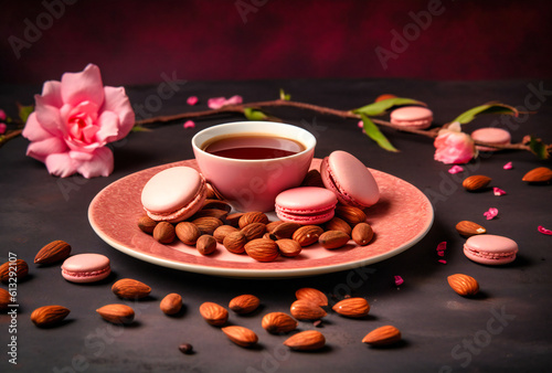 a white plate, cup with almonds and some macaroons on a pink background