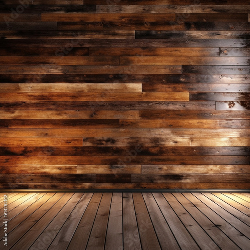 Fondo con detalle y textura de pared de madera antigua  con suelo de madera  todo con tonos calidos y degradado de luz