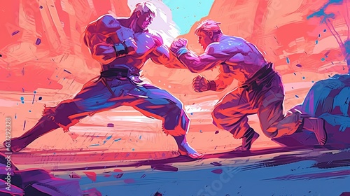 A fighter dueling against a skilled opponent in an arena . Fantasy concept , Illustration painting. Generative Ai