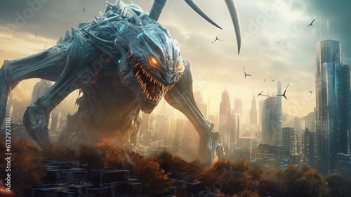 A giant alien creature attacking a futuristic city . Fantasy concept   Illustration painting. Generative Ai