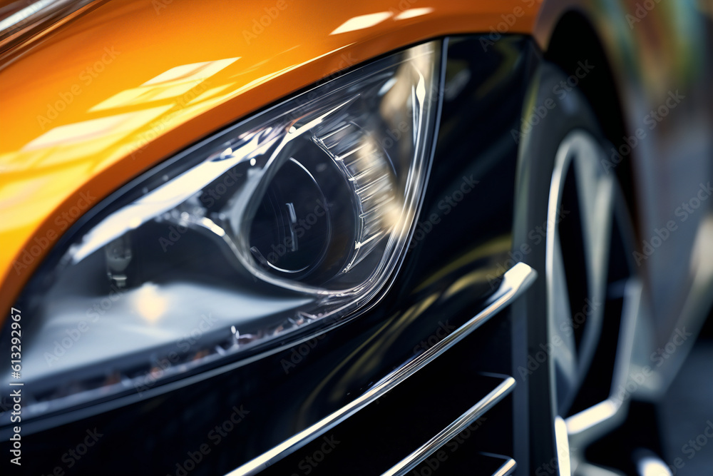 Closeup of a headlight of a modern orange sports car