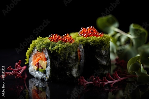Red Caviar Sushi Rolls, Traditional Japanese Susi, Caviar Sushi Set, Abstract Generative AI Illustration
