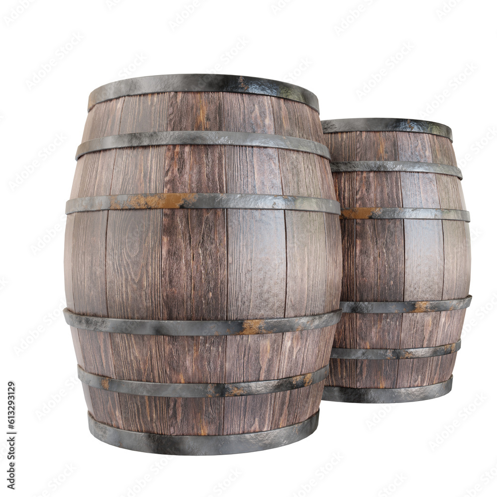 Fototapeta premium Brown Wooden Barrel Cask Cut Out. Realistic 3D Render.