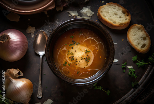 Onion Soup, French Food, Traditional Onion Soup on Dark Background, Abstract Generative AI Illustration