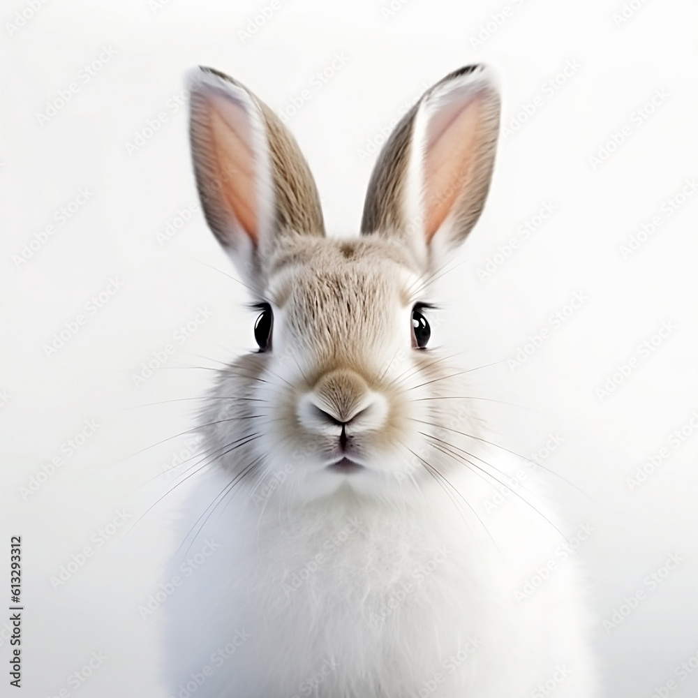 Portrait of cute fluffy hare  on white background, illustration created with generative AI technologies