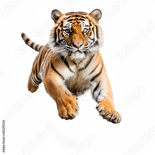 Angry tiger jumping on white background  illustration created with generative AI technologies