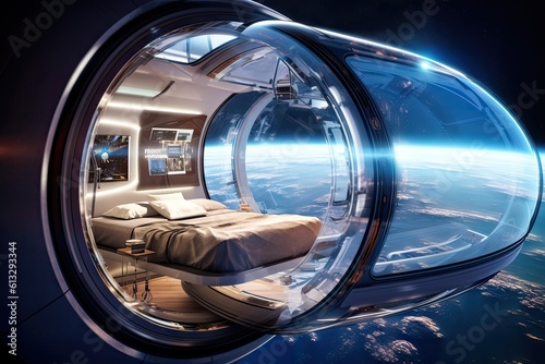 Fototapeta Naklejka Na Ścianę i Meble -  Spaceship Hotel Interior, Capsule Hostel, Abstract Generative AI Illustration