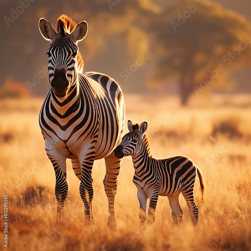 Savanna life  two zebras  mother and kid zebra  standing   sunset colors. Reservation habitants.illustration created with generative AI technologies